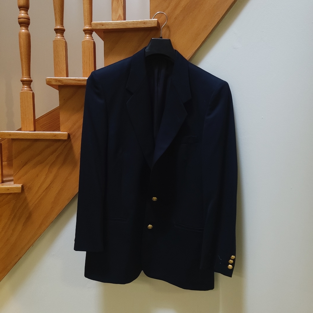 Tabi navy wool blend blazer with gold buttons